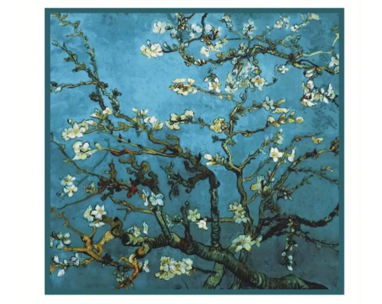 Хустка жіноча з художнім принтом Квітучі гілки мигдалю 90х90 см (00116)