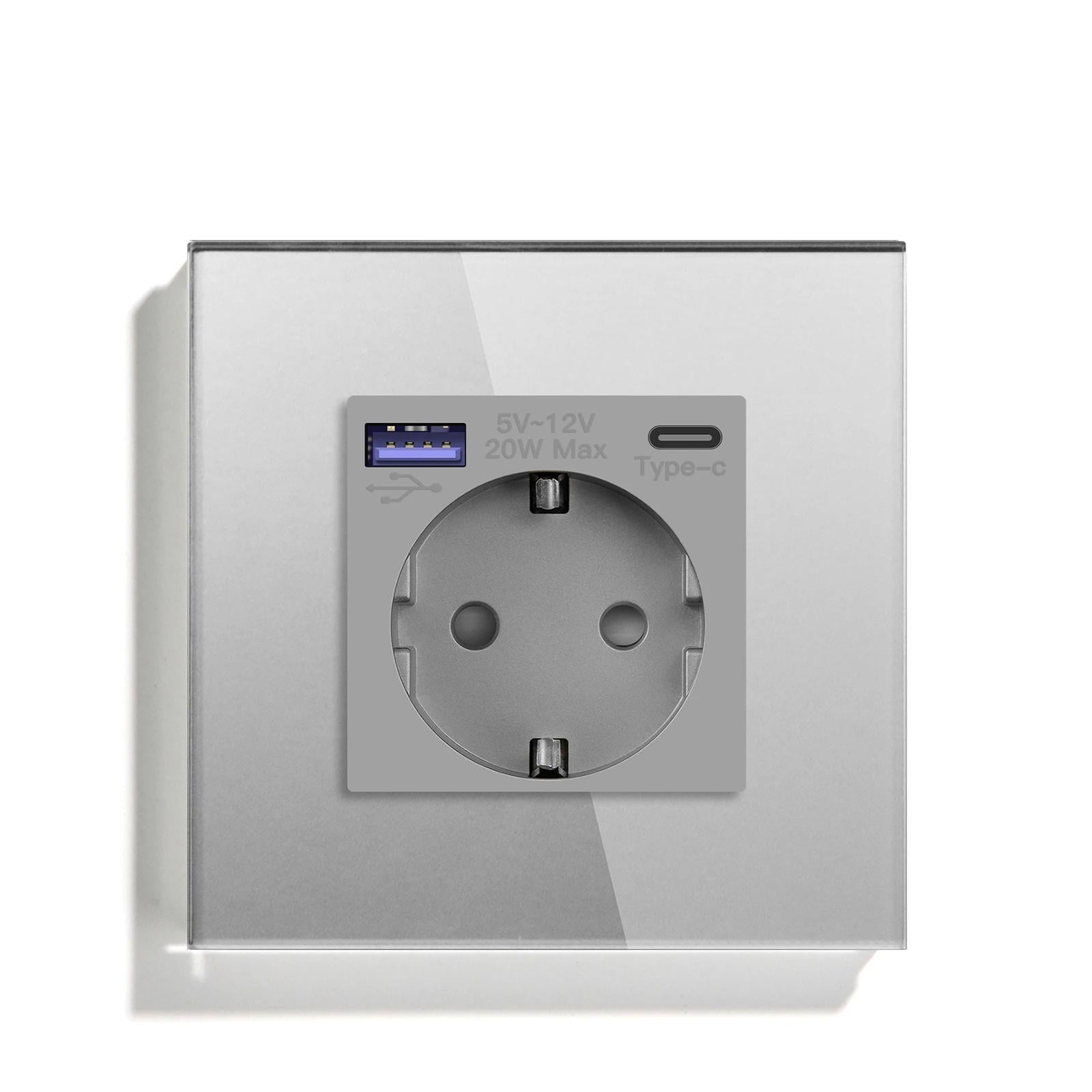 Розетка настенная LUXION с USB A+C 20Вт с заземлением сенсорная/ 250В 16А стеклянная рамка Серый (LX-GAC-GY)