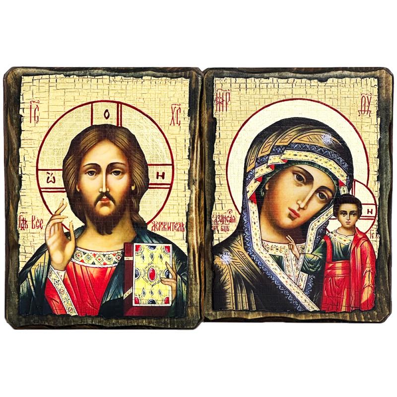 Ікони вінчальні Свята Богородиця Казанська та Спаситель під старовину (1949-13x17)