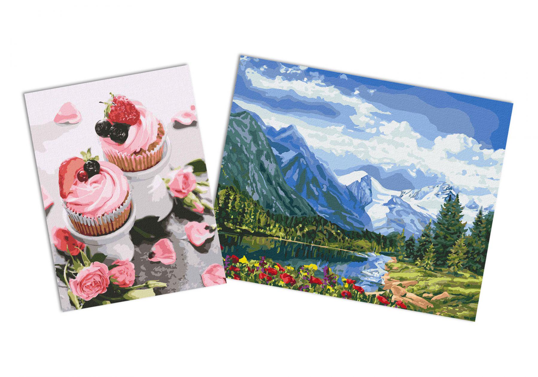 Набор картин по номерам Идейка 2в1 Альпийское совершенство 40x50 см KHO2288 и Клубничная нежность 30x40 см KHO5603 (CKHO8118)