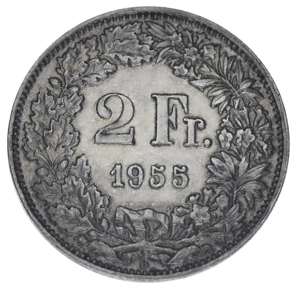 Колекційна монета Швейцарія 2 франки 1955 срібло F-VF