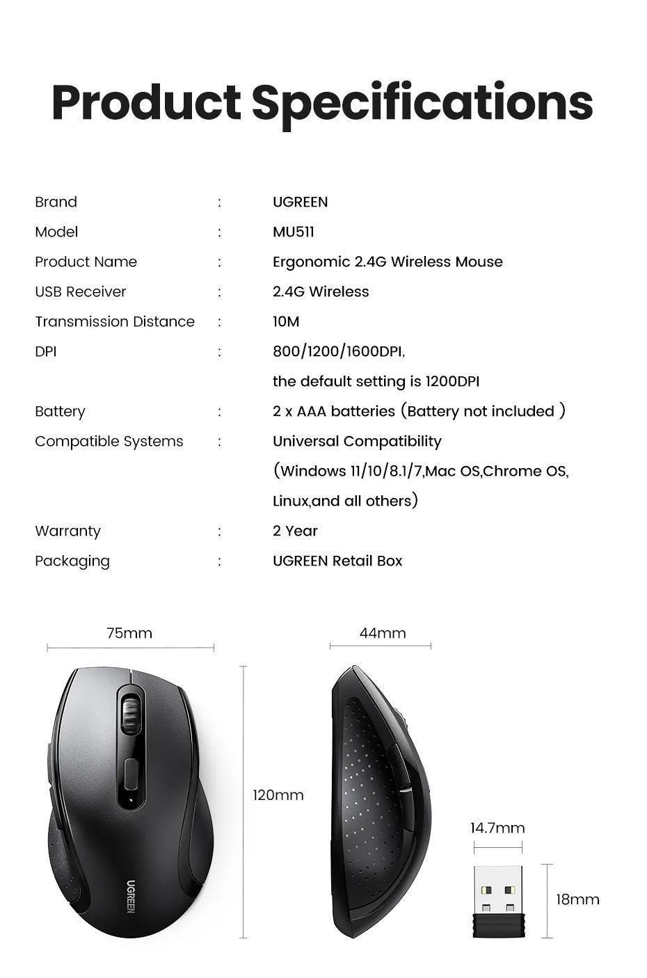 Мышь беспроводная UGREEN эргономичная 1600 DPI 2.4 ГГц Черный (45012) - фото 10 Мышь беспроводная UGREEN эргономичная 1600 DPI 2.4 ГГц Черный (45012) - фото 10