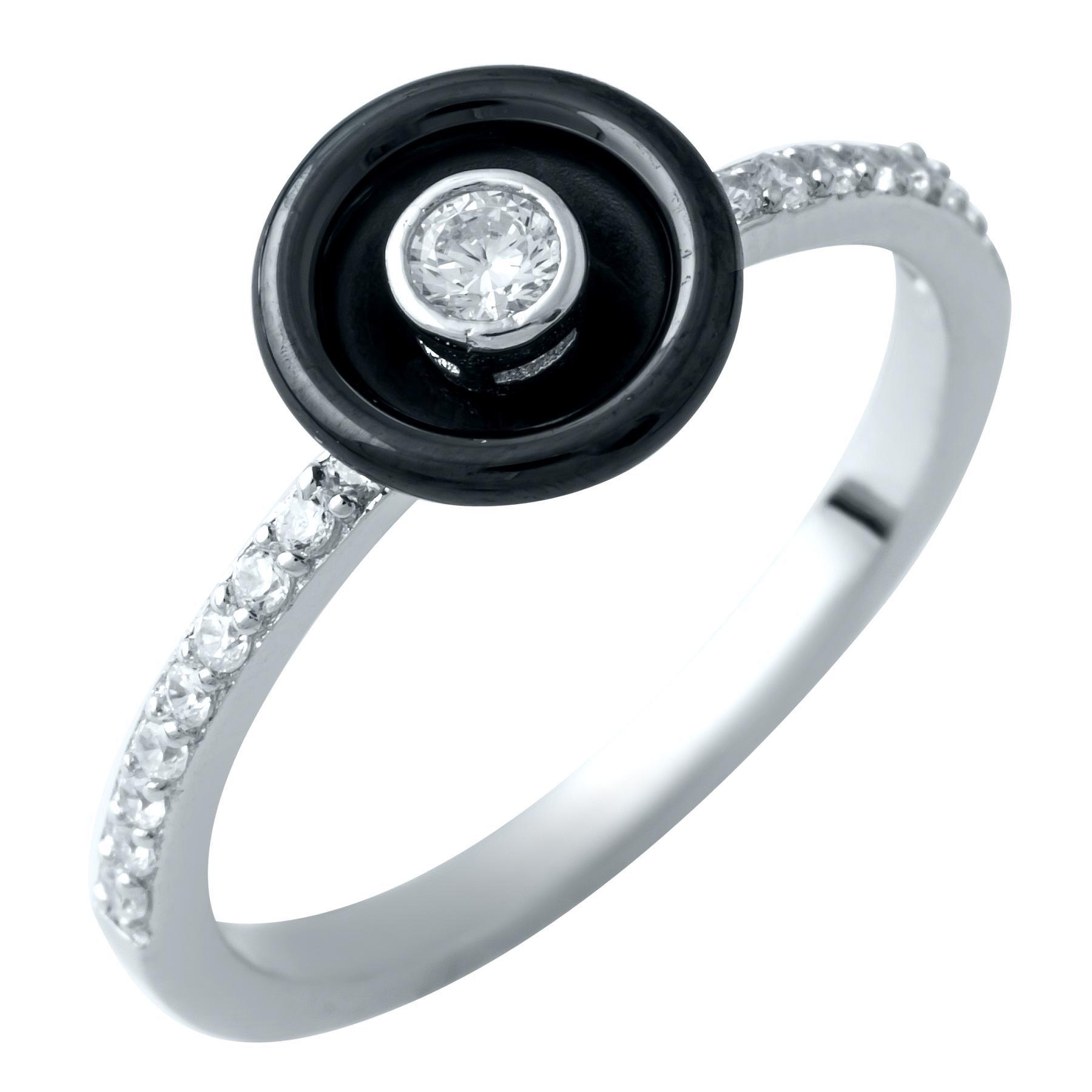 Кольцо LoveR с черной керамикой в круглой форме и вставкой фианита р. 17