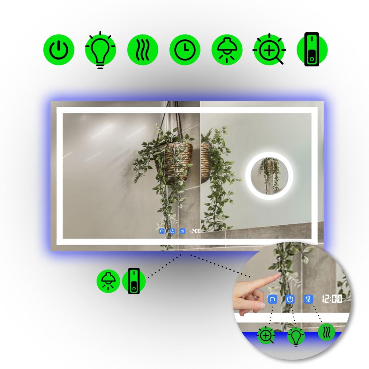 Зеркало с LED подсветкой Karnet с тремя сенсорами/часами и механическим включателем 80x60 см (Karnet/800x600/6191-15/26/1)