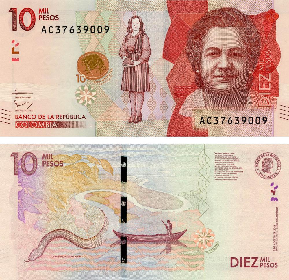 Коллекционная банкнота Колумбия 10000 песо 2016 UNC Река Амазонка Змея P460 (Б13407)