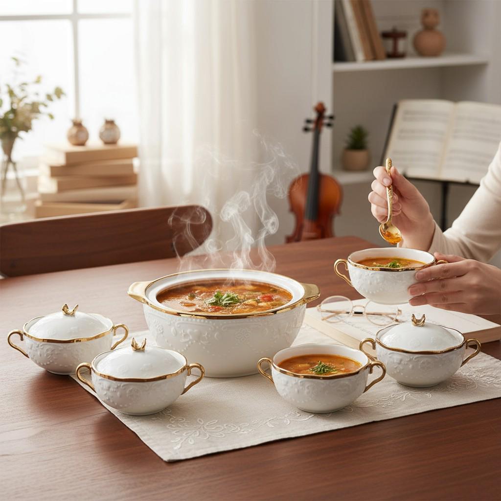 Сервиз суповой фарфоровый Amphora на 6 персон супница 3 л с 6 бульонницами 300 мл 7 предметов Белый/Золотой (SPW-16) - фото 4 Сервиз суповой фарфоровый Amphora на 6 персон супница 3 л с 6 бульонницами 300 мл 7 предметов Белый/Золотой (SPW-16) - фото 4