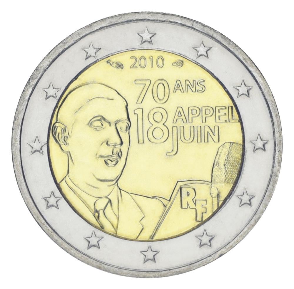 Колекційна монета Франція 2 євро 2010 року 70 років мовлення Шарля де Голля 18 червня 1940 UNC (KM#1676)