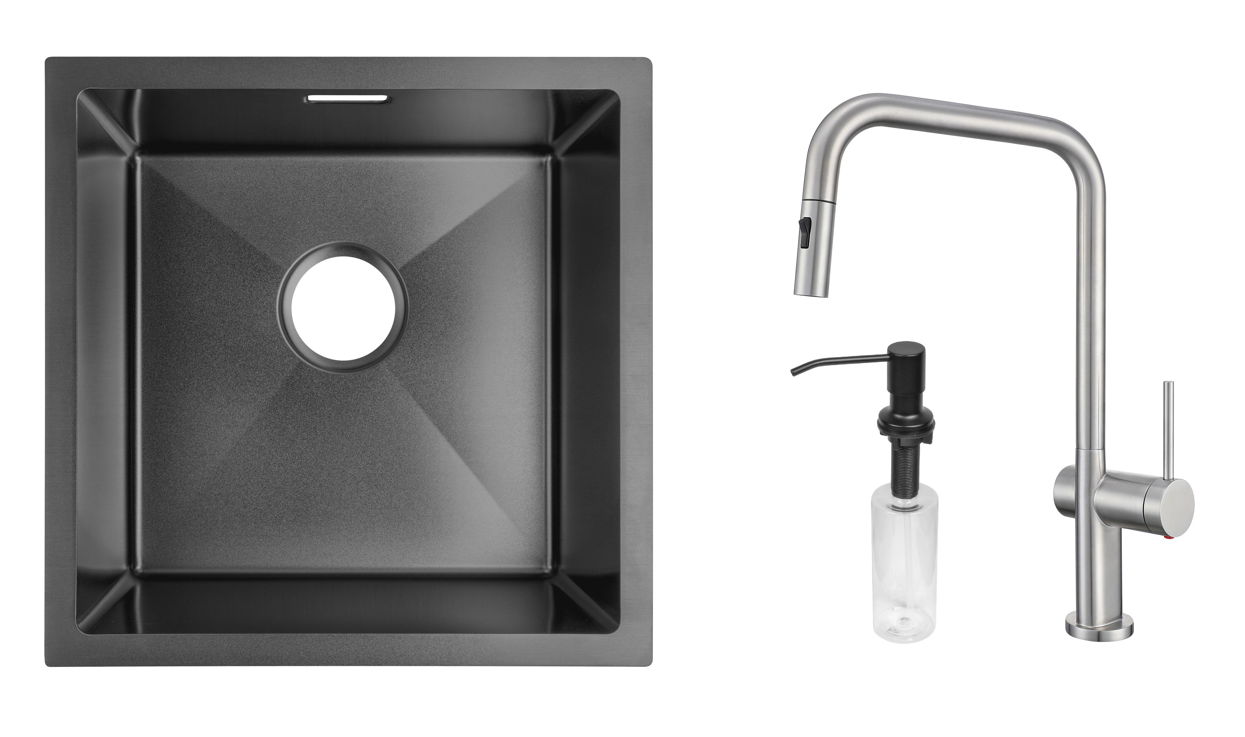 Комплект из кухонной мойки Gunter&Hauer Olef 4522 Black кухонного смесителя Gunter&Hauer BRUNNEN Br и дозатора Gunter&Hauer SOAP DISPENSER Black