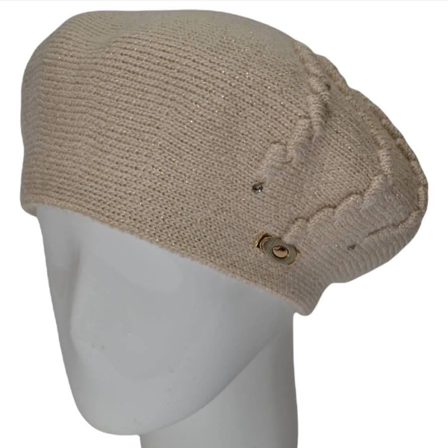 Берет женский Lirus Олеся из шерсти двойной с узором и люрексовой нитью Светлый лен