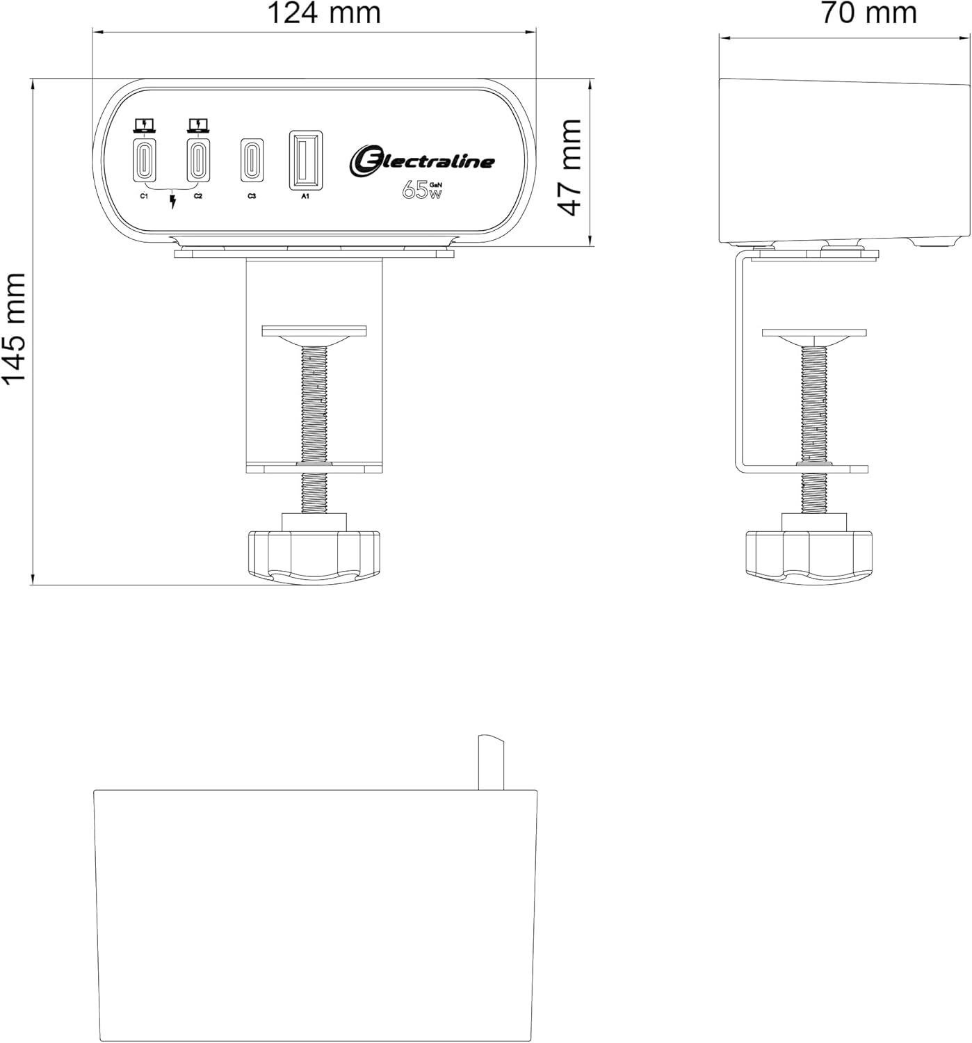 Зарядний блок із фіксатором Electraline Schuko 2 розетки 3хUSB-C PD 65 Вт /1хUSB-A 2 м Алюміній/Чорний - фото 12