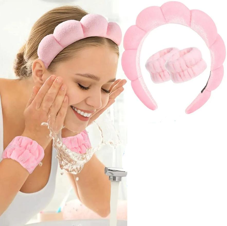Набор косметического обруча на голову/нарукавники-напульсники для умывания Розовый. - фото 2 Набор косметического обруча на голову/нарукавники-напульсники для умывания Розовый. - фото 2