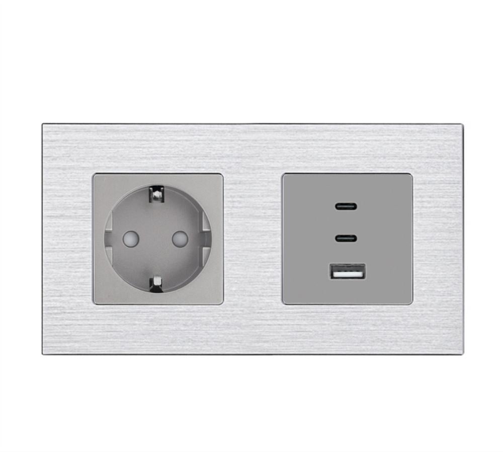 Розетка настенная WALLPAD с USB-A/USB-C 65Вт дизайнерская алюминиевая рамка Серый (WP-M1F65W-GY)