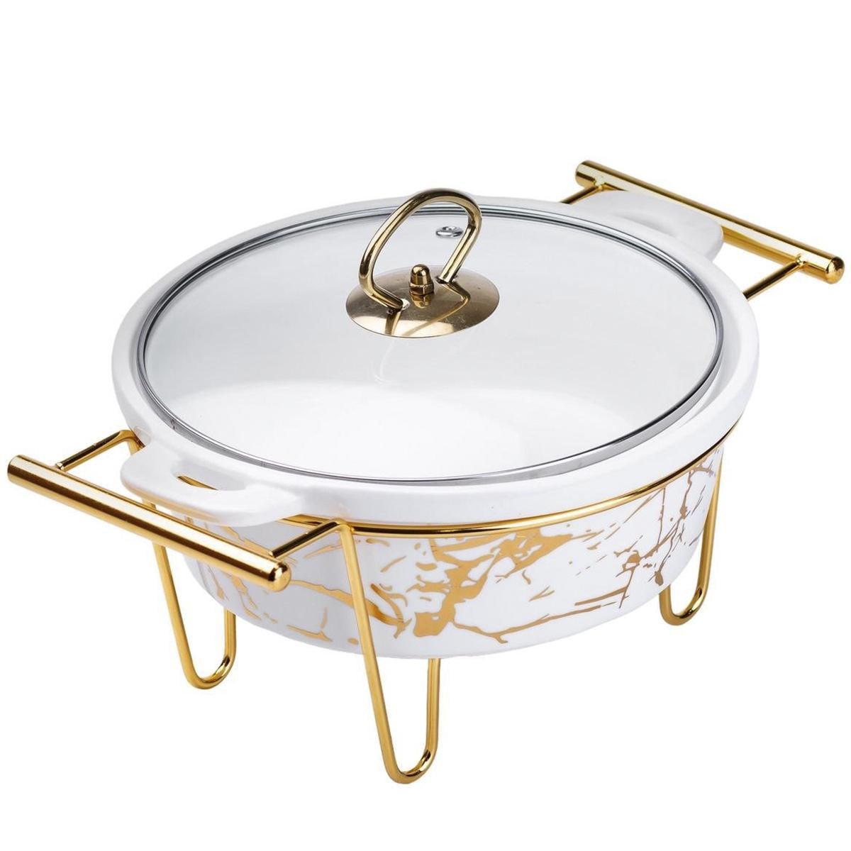 Мармитница керамическая круглая 1 л со стеклянной крышкой Золотой мрамор (HP1037)