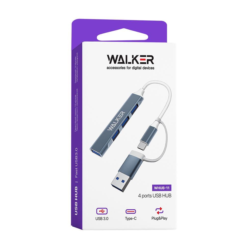 Переходник Walker USB HUB 4в1 WHUB-11 USB+Type-C to USB 3.0 4 USB порта Черный - фото 5