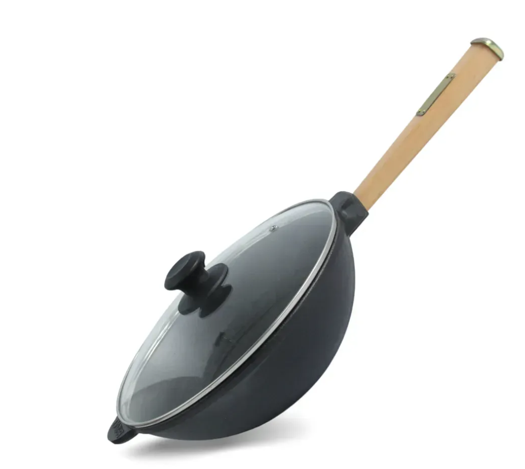 Сковорода чавунна Brizoll Black WOK 2,8 л з деревʼяною ручкою та скляною кришкою містка зручна Чорний