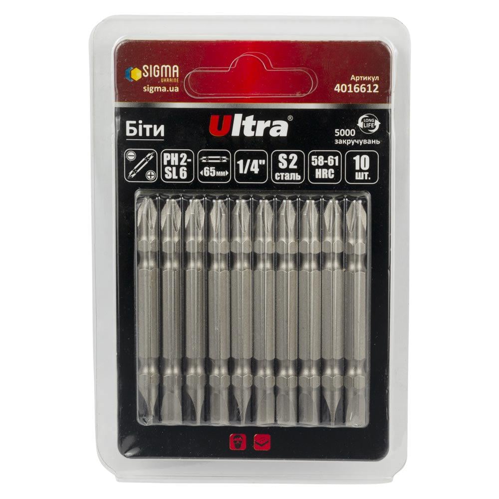 Набор бит Ultra PH2-SL6 x 65 мм 1/4" 10 шт. S2 в блистере (4016612) Набор бит Ultra PH2-SL6 x 65 мм 1/4" 10 шт. S2 в блистере (4016612)
