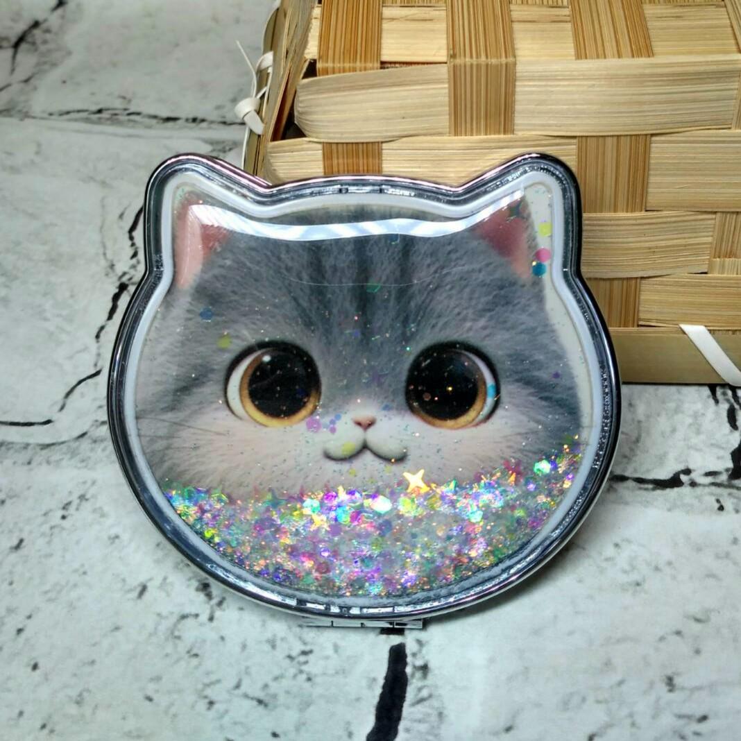 Зеркало карманное косметическое Котик жидкие блестки 7,5х7 см Серый (А984)