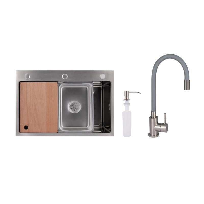 Мойка для кухни Lidz H6845 3,0/1,0 мм Decor со смесителем Aria с гибким изливом k35 Grey (3072217491)