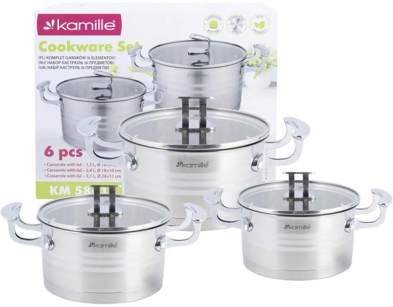 Набір каструль Kamille Casserote із нержавіючої сталі зі скляними кришками 1,7/2,4 /3,1 л - фото 8 Набір каструль Kamille Casserote із нержавіючої сталі зі скляними кришками 1,7/2,4 /3,1 л - фото 8