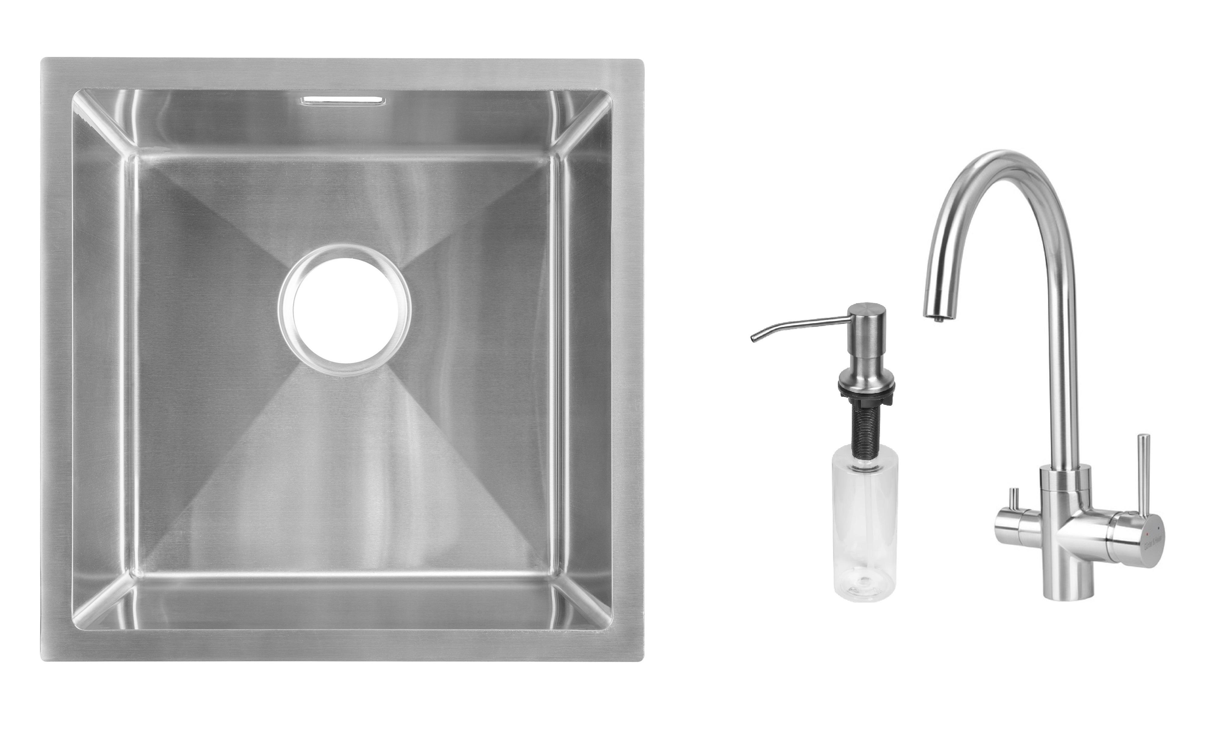 Комплект из кухонной мойки Gunter&Hauer Olef 4522 Inox кухонного смесителя Gunter&Hauer HAFEN Brush и дозатора Gunter&Hauer SOAP DISPENSER Inox