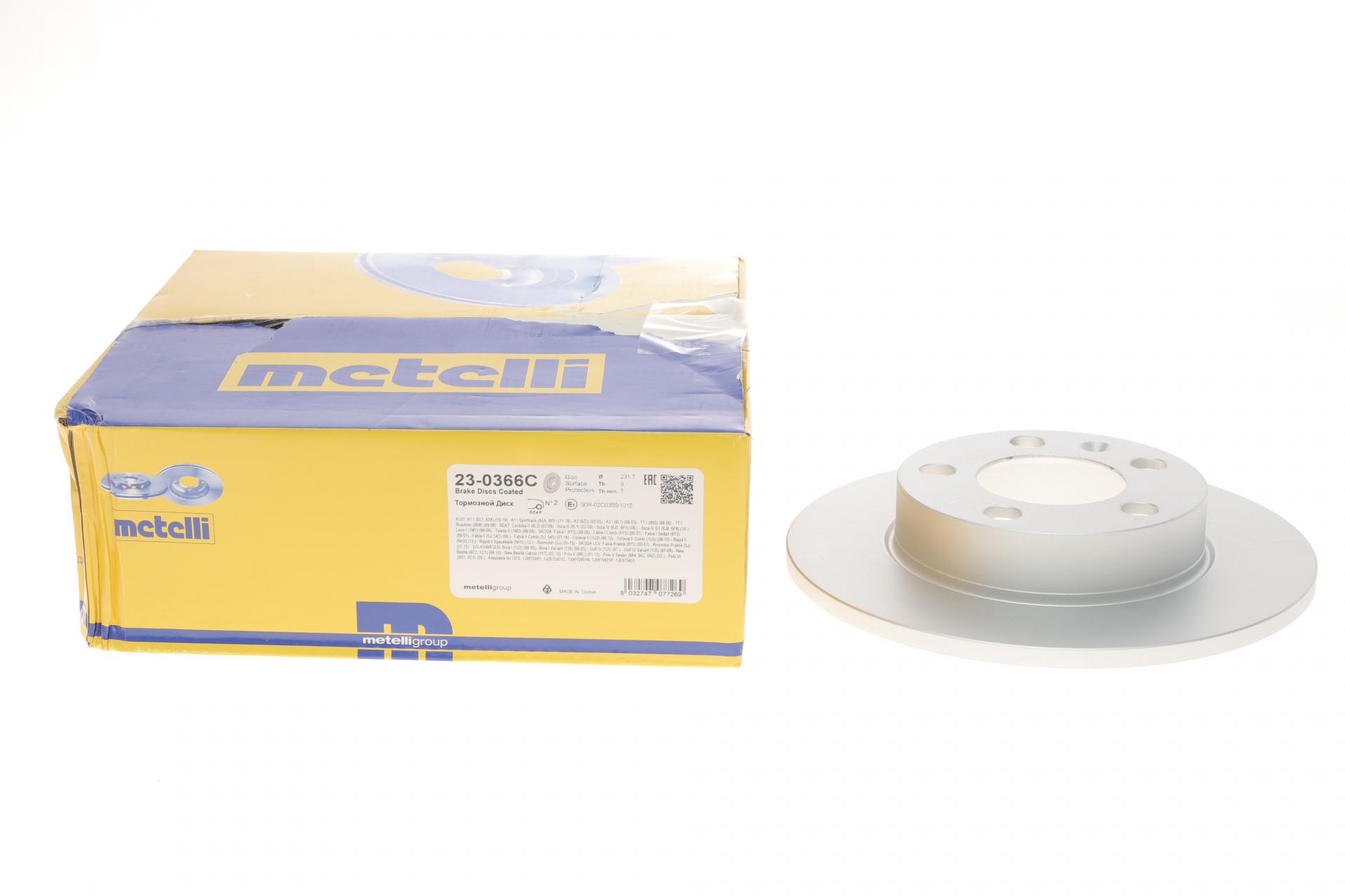Диск тормозной задний METELLI Skoda Fabia/Octavia 96-/Roomster 06-/VW Golf 97-06 с покрытием полный 232x9 мм (23-0366C METELLI)