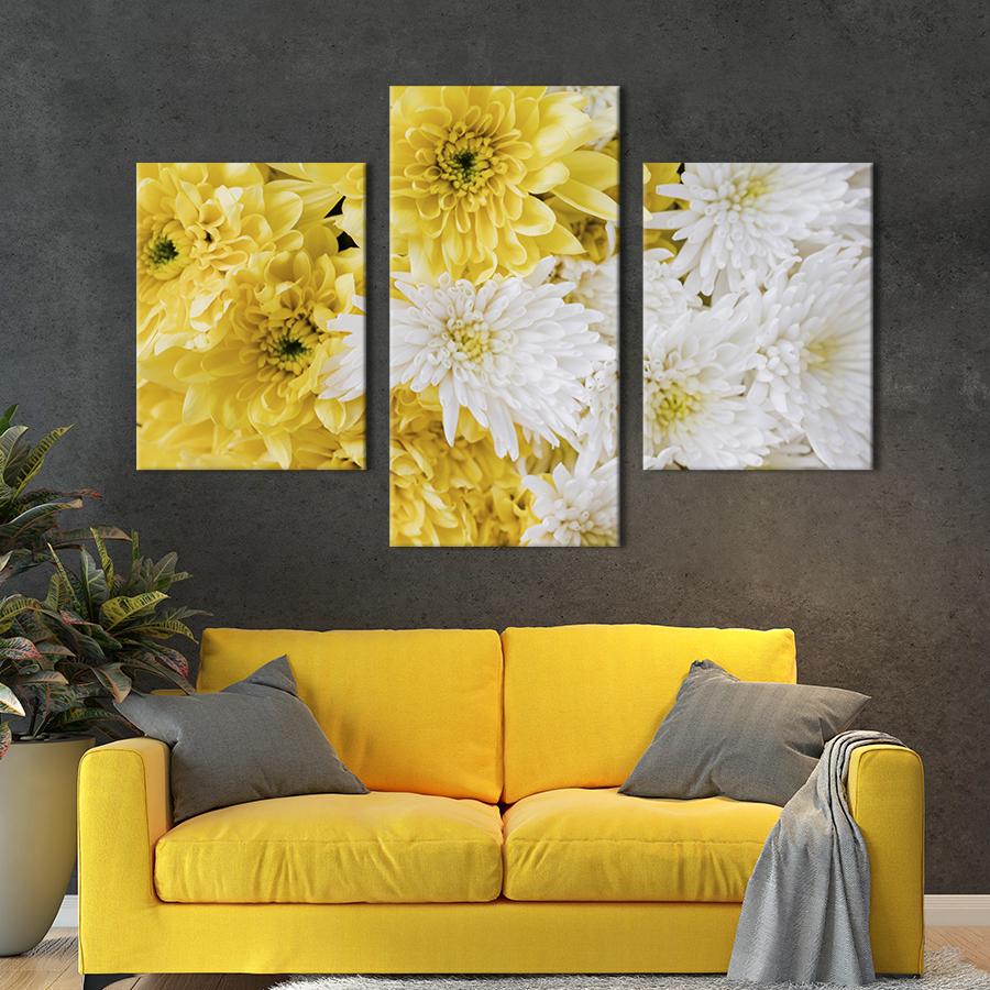 ᐉ Картина на холсте триптих Красивые белые и жёлтые хризантемы 141x90 ...