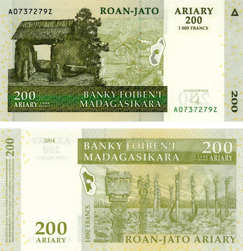 Коллекционная банкнота Мадагаскар 200 ариари 2004 UNC P87 (Б07719)