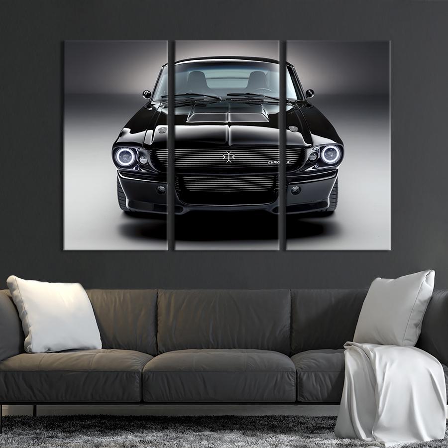 Картина на холсте триптих Чёрный Ford Mustang 1967 156x100 см (1243-31)
