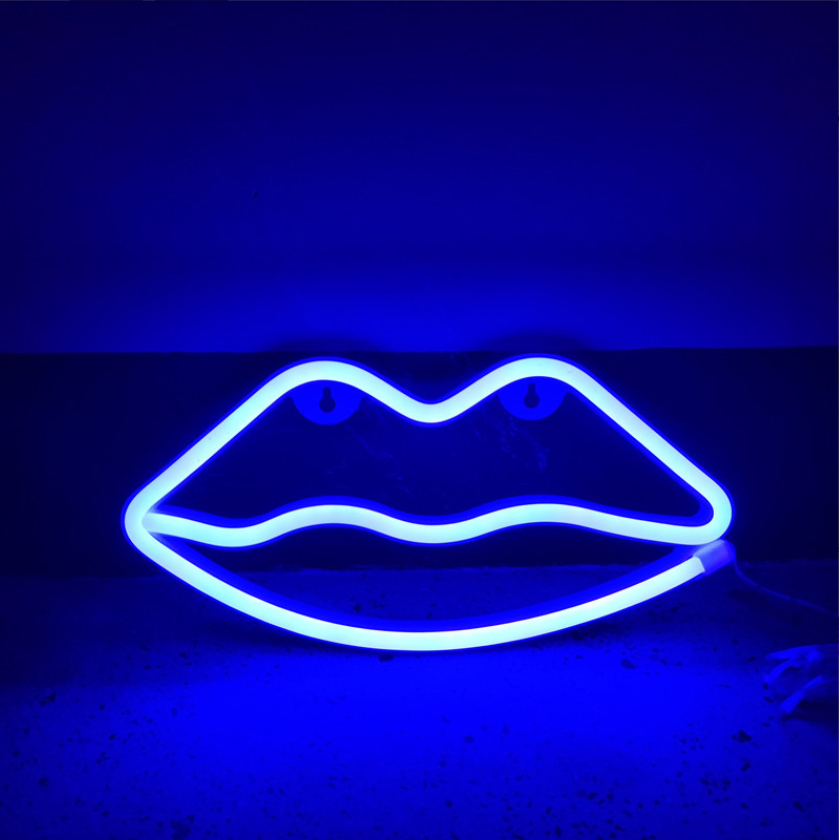 Неоновый светильник настенный "Губы" на батарейках/USB 28x15 см Синий