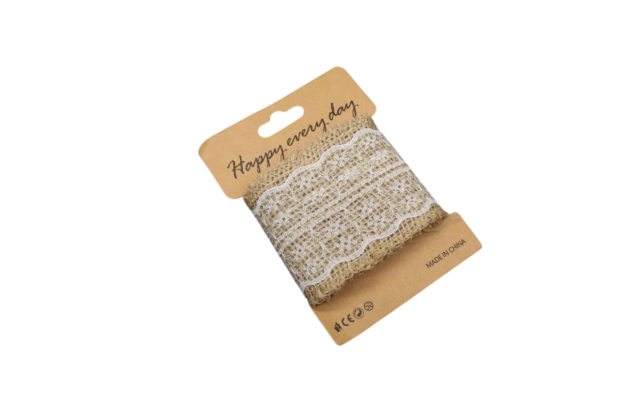 Лента из мешковины декоративная натуральная с белым кружевом 60 мм 1 м (LF-008)