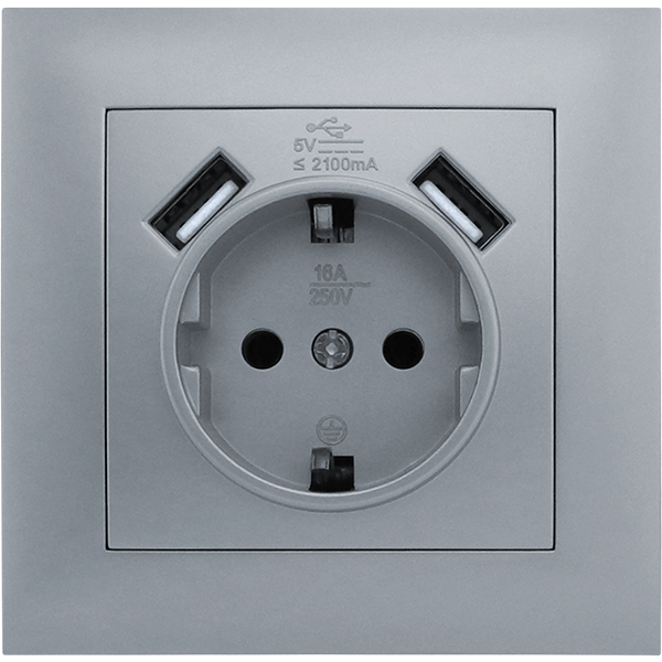Розетка одноместная с заземлением и двумя USB портами MARSHEL IDEAL RS16-472 Silver