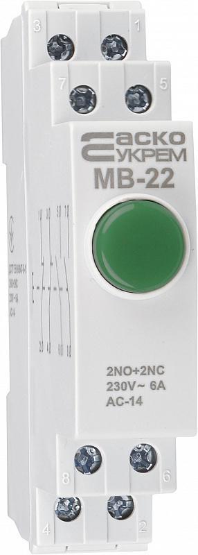 Кнопка на DIN-рейку АСКО-УКРЕМ МВ-22 2NO+2NC без фіксації 230V АС Зелений (A0150010110)