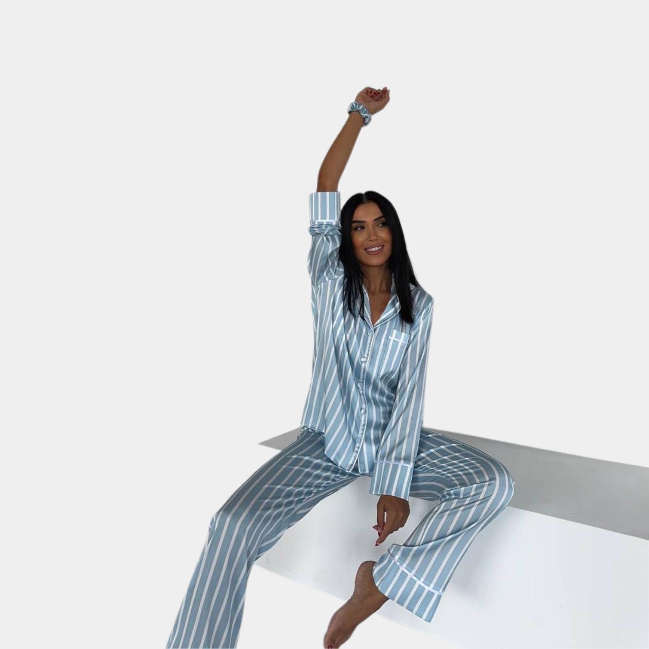 Піжама жіноча сатинова у смужку XL Блакитно-білий (№1263) - фото 3