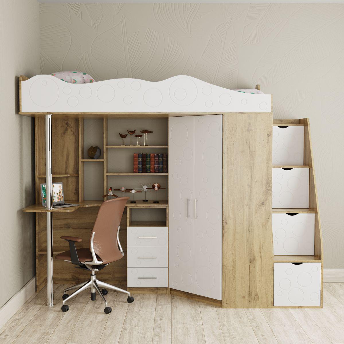 Кровать-чердак детский AiH Binky ДС37А правый с рабочей зоной/шкафом и ящиками 80х190 см Дуб Крафт золотой/Белый супермат (BK02120020000)