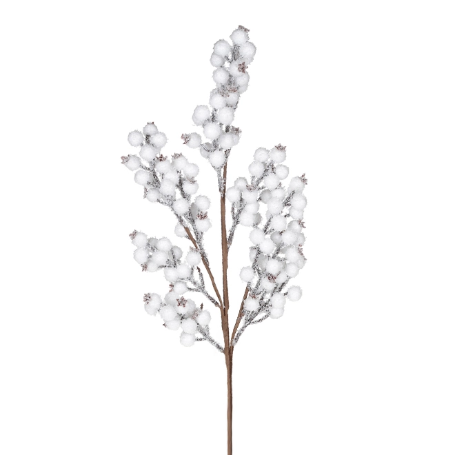Веточка новогодняя заснеженная с белыми ягодками 63 см (11182)