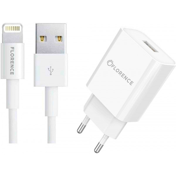 Зарядка Florence FL-1020-WL 2.1A, Lightning cable, White