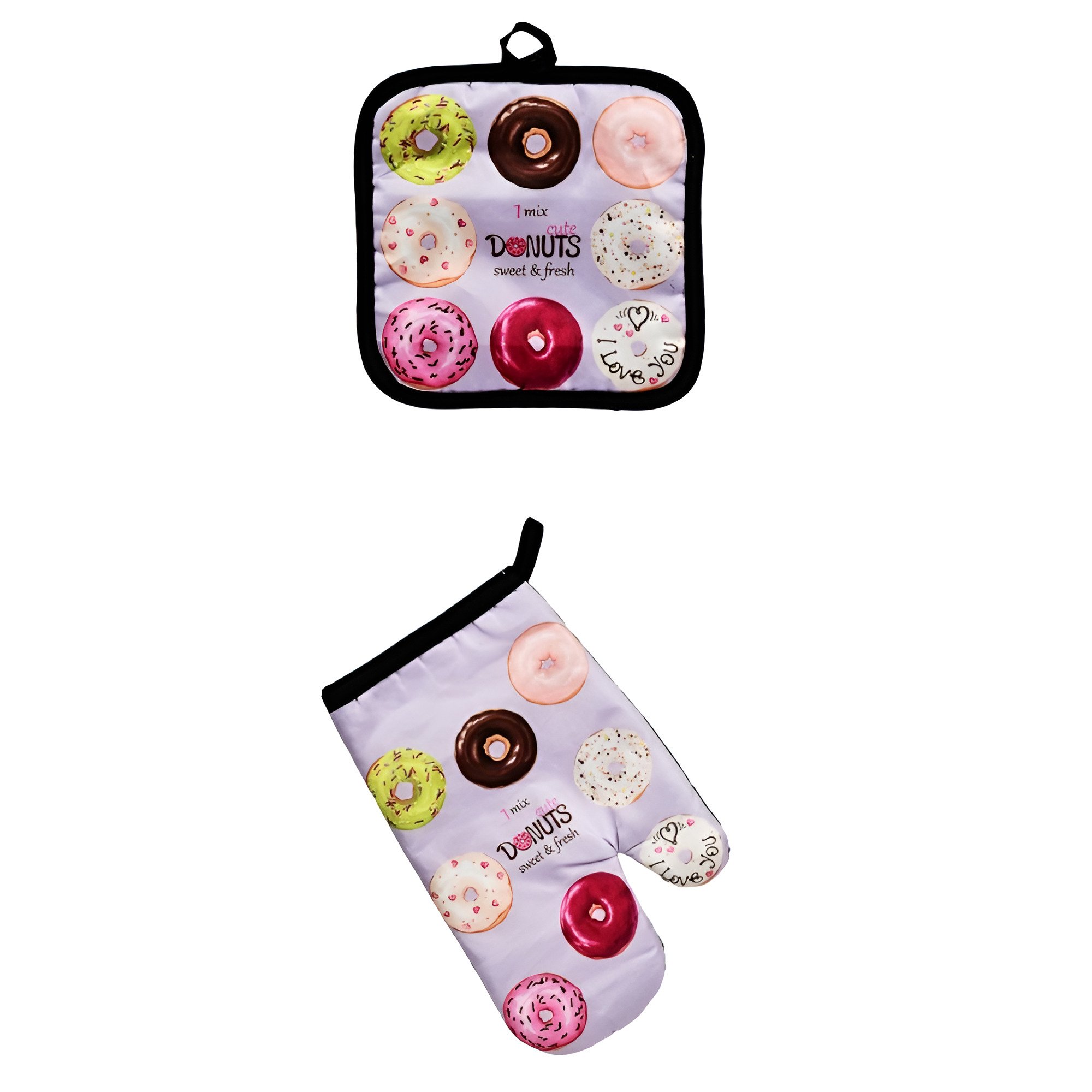 Набор рукавица-прихватка и полотенце Stenson Donuts полиэстер/яркий принт 16х25 и 17х17 см Фиолетовый (R32344)