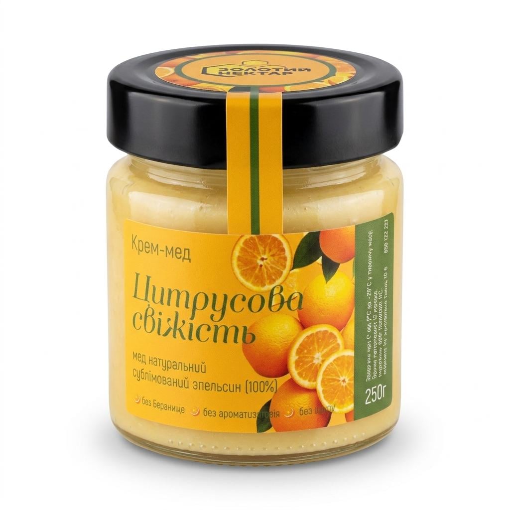 Крем-мед Золотой Нектар Цитрусовая свежесть Апельсин натуральный медовый десерт 250 г Крем-мед Золотой Нектар Цитрусовая свежесть Апельсин натуральный медовый десерт 250 г