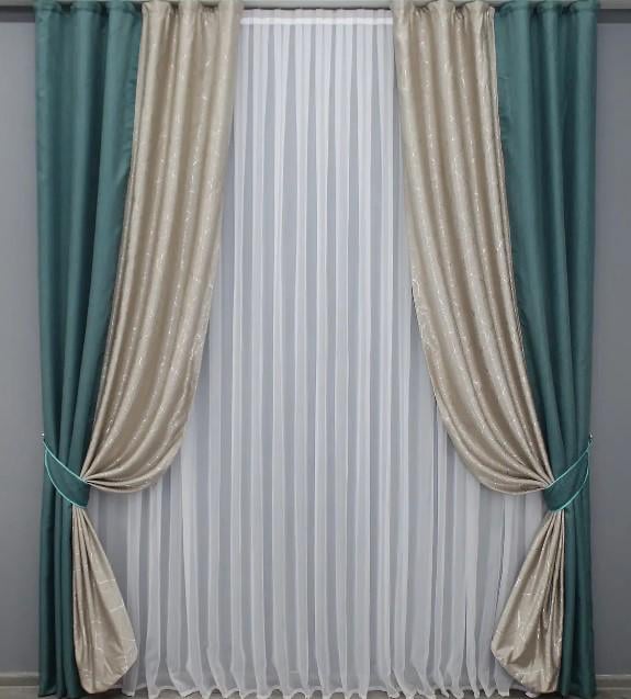 Шторы лен/блекаут 1,5х2,7 м 2 шт. Бирюзовый/Бежевый (014дк/511-686ш)