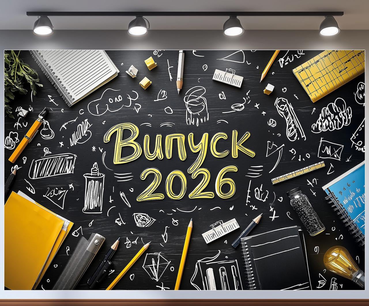 Баннер для фотозоны "Випуск 2026" школьная доска с меловыми рисунками и канцелярией фон 300x200 см №41312