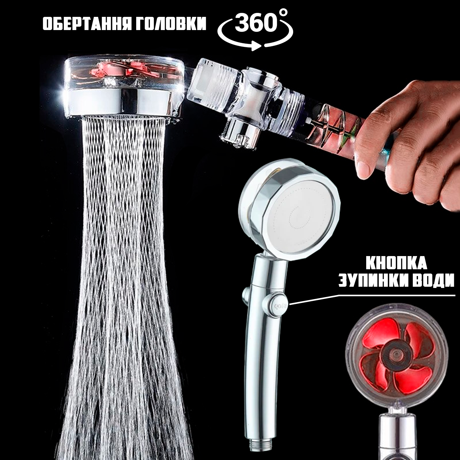Лейка душевая с вращением головки и функцией отключения воды 26 см Red/Silver (99ba4233) - фото 7