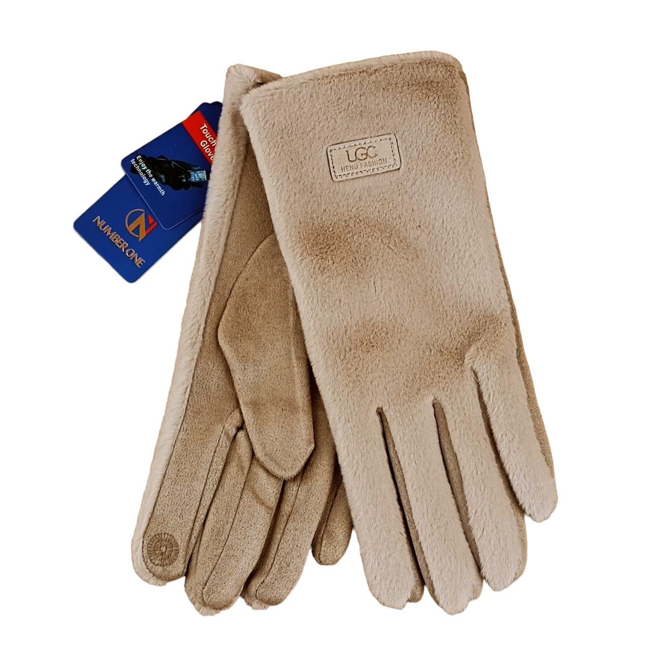 Перчатки женские сенсорные мех/велюр с нашивкой S-M Бежевый (47181)