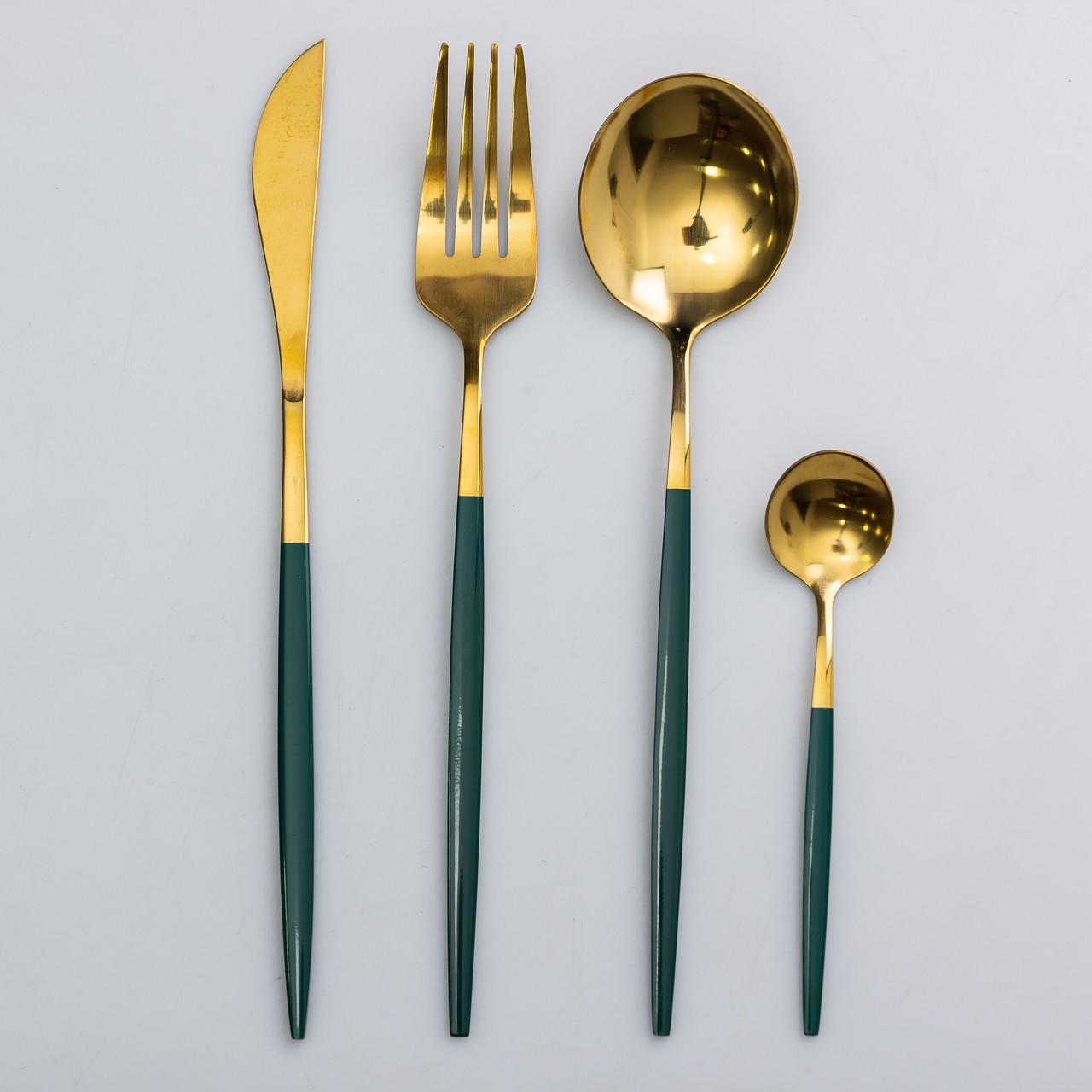 Набор столовых приборов на 6 персон 24 пр. Золотистый с зеленым - фото 7 Набор столовых приборов на 6 персон 24 пр. Золотистый с зеленым - фото 7