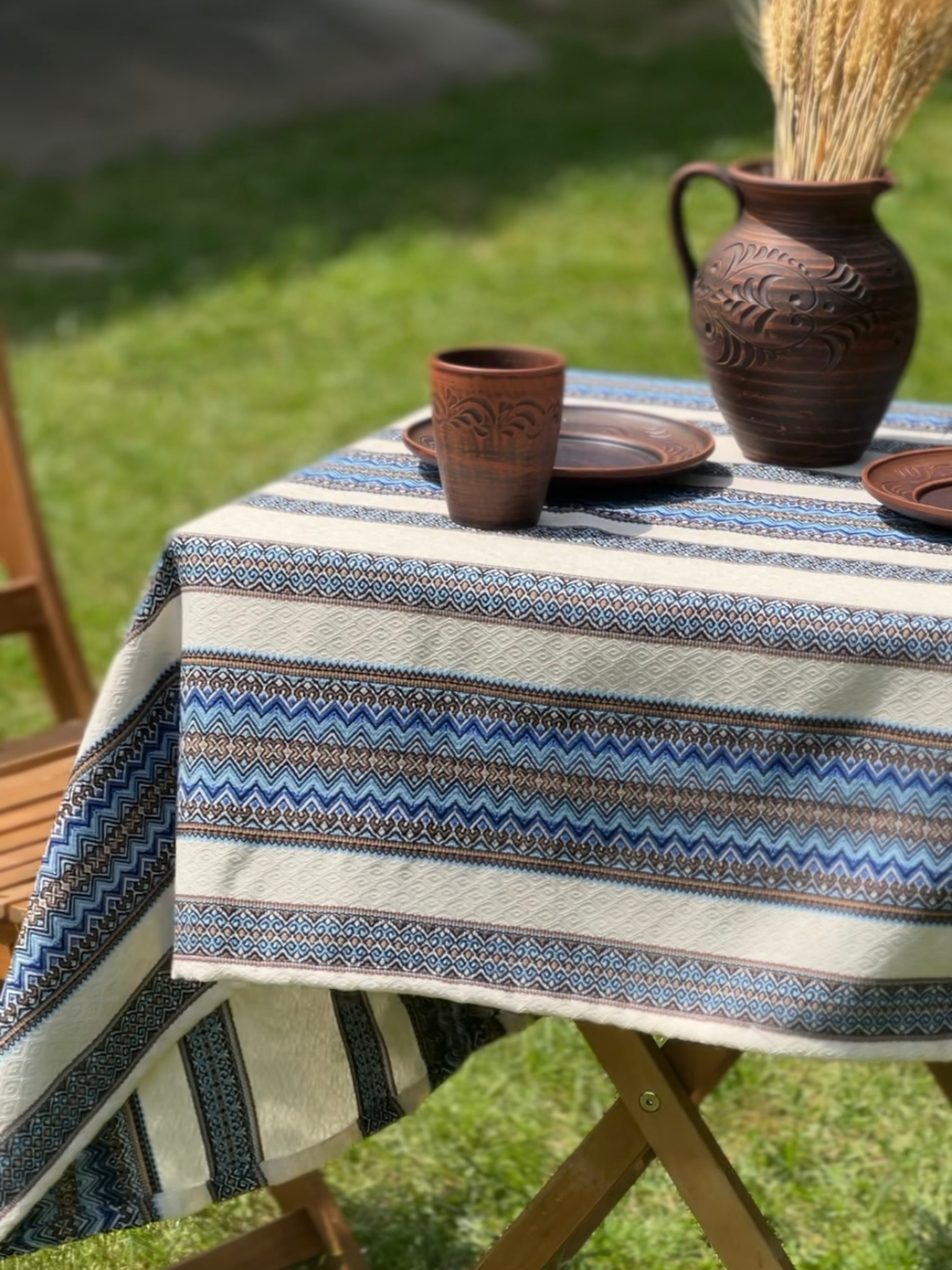 Скатертина лляна великодня Стожари з українським орнаментом 400x150 см Синій (1902-9)