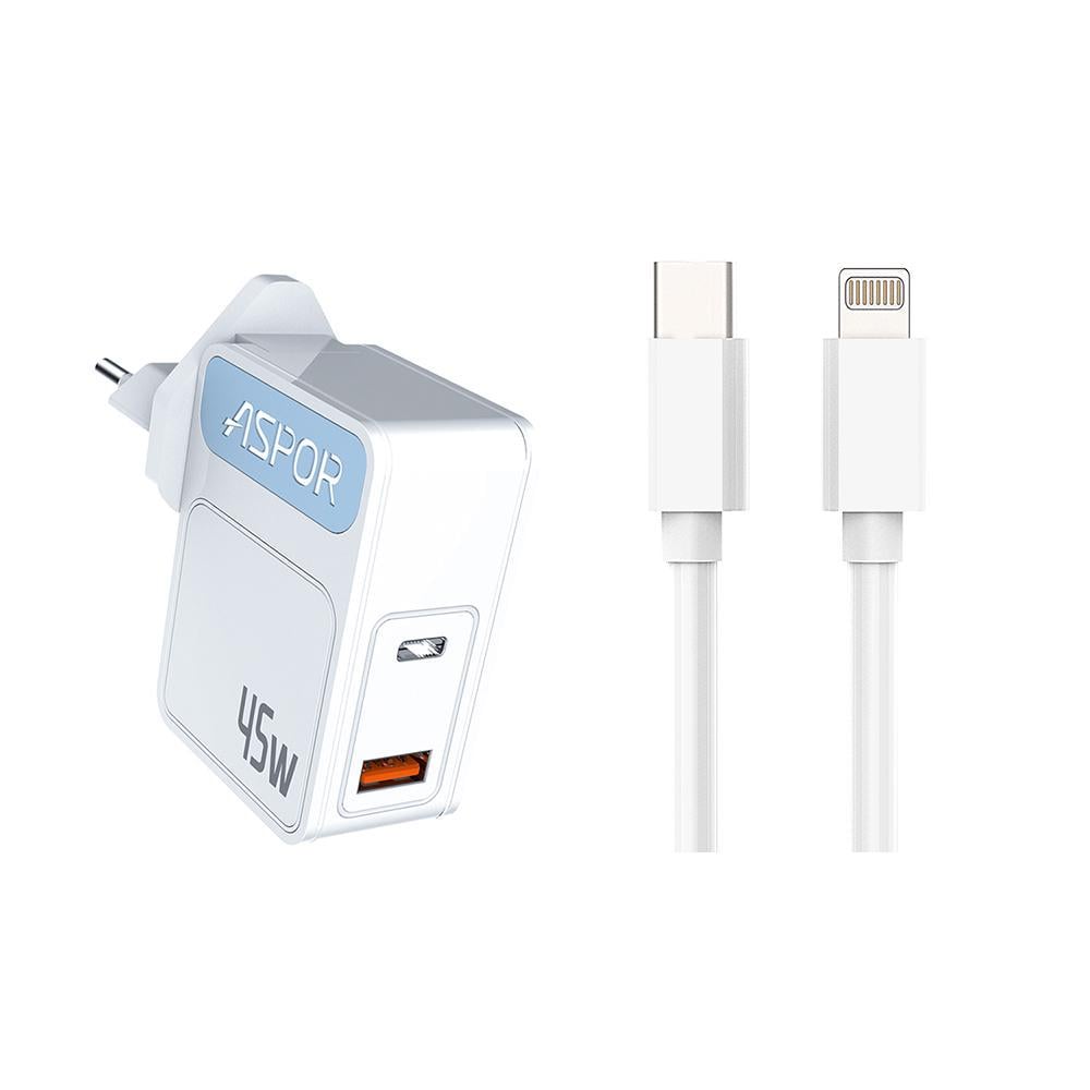 Мережевий зарядний пристрій Aspor A839 45W PD QC UCB C+A 2в1 Type-C-Lightning Білий (925136)