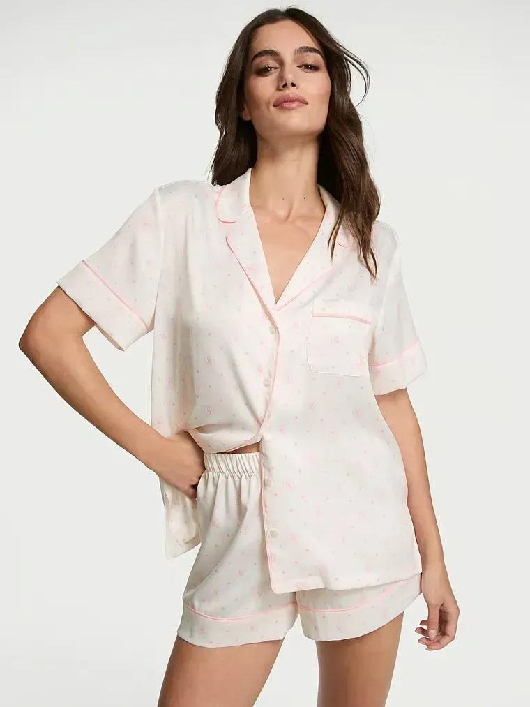 Піжама сатинова сорочка/шорти Victoria's Secret Glazed Satin Short Pajama Set М Білий (27058076)