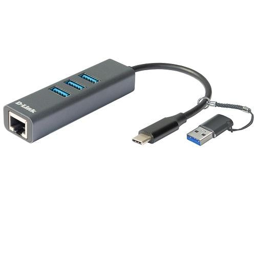 Сетевой адаптер D-Link 1xGE 3xUSB Type-C с кабелем USB-C/USB-A (DUB-2332)