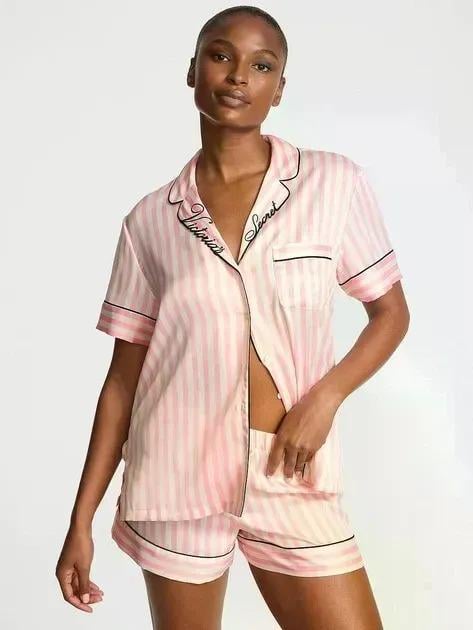 Пижама сатиновая Victoria's Secret Glazed Satin Short Pajama Set полоска M Розовый (2671376D)