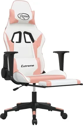 Компьютерное кресло геймерское vidaXL массажное с подставкой для ног экокожа White/Pink (345466)
