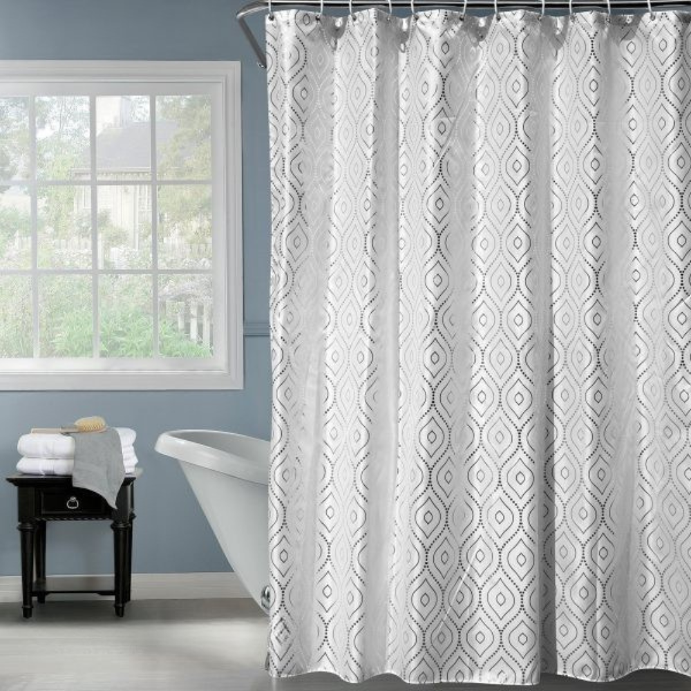 Набір шторка для ванної та душу з поліестеру з металевими гачками зі сріблястим візерунком 180x180 см Білий Набір шторка для ванної та душу з поліестеру з металевими гачками зі сріблястим візерунком 180x180 см Білий